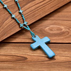 Bijoux religieux, collier avec pendentif croix bohème pour femmes, avec perles turquoise, pour un usage quotidien dans les activités religieuses chrétiennes - Product Image 1