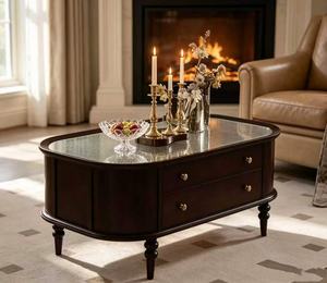 Vintage Dark Wood Coffee <b>Table</b> with Reeded Glass Top & <b>Drawers</b> Farmhouse Living Room Storage <b>Table</b> - Product Image 6