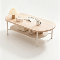 Table basse ovale à double niveau avec rangement, table centrale en bois naturel à 2 niveaux, coins arrondis style nordique pour salon