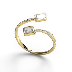 Bypass Emerald Cut <b>Diamond</b> <b>Ring</b> 18K Gold Plated Two Stone Bezel Set Open Cuff Toi Et Moi <b>Ring</b> Pave <b>Diamond</b> Shank Jewelry Gift - Product Image 1