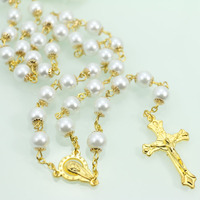 Chapelet de perles dorées livraison gratuite, 8mm, collier, bijoux croix, fournitures religieux catholique