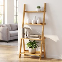 Étagère d'équerre moderne à 4 niveaux en bambou, bibliothèque peu encombrante avec rebord arrière pour la décoration du salon et de la chambre