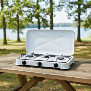 Réchaud à gaz portable à 3 brûleurs rectangulaire pour camping, barbecue et tailgating avec pare-vent - Product Image 1