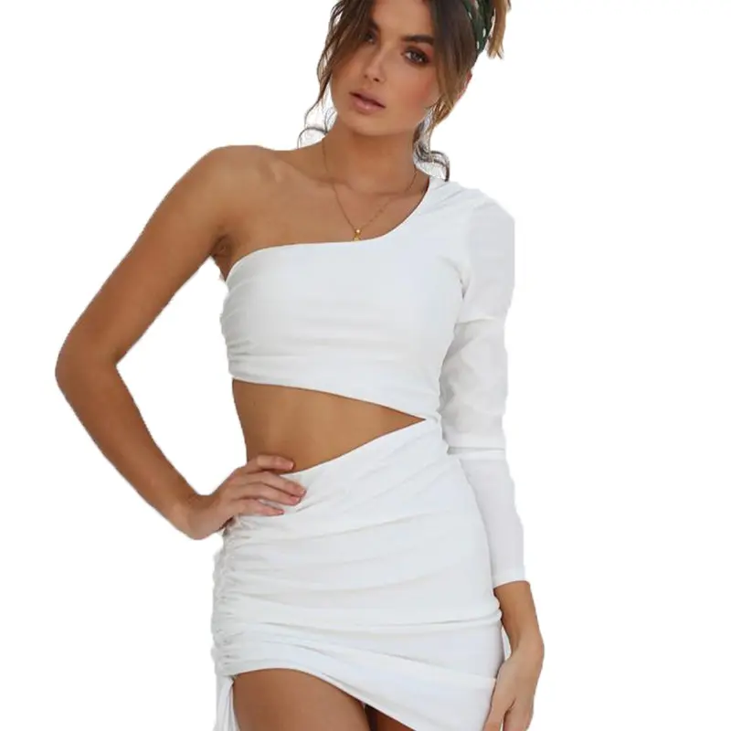 2023 personnalisé Sexy froncé robe moulante une épaule manches blanc robe d'été femmes décontracté Mini robe