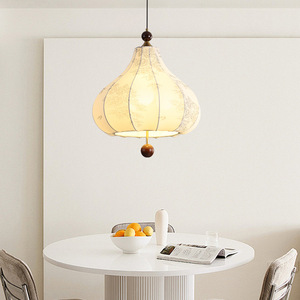 Lustre LED réglable en hauteur pour salle à manger, en tissu à motifs vintage, style Maillard Wabi-sabi, bois massif, chêne français floral - Product Image 2