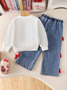 वसंत और शरद ऋतु की नई चेरी प्रिंट सफेद लंबी आस्तीन पसीना धनुष जींस सांस लेने योग्य आकस्मिक बच्चों के कपड़े सेट - Product Image 2