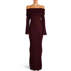 New Design Sexy Solid Color Long Sleeve Knit Women's Long <strong>Dress</strong> Casual Off Shoulder Pleated Knitted Lady Skirt