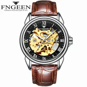 FNGEEN 8866 богато украшенные высококачественные модные дизайнерские мужские кварцевые часы с ремешком из натуральной кожи по низкой цене