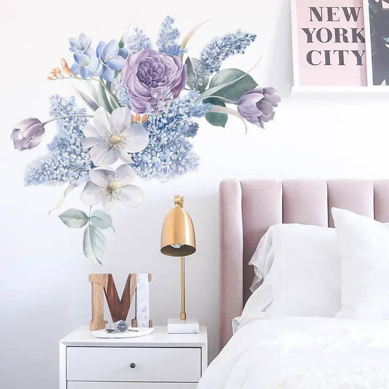 Watercolor Purple Peony Flowers Wall Stickers for Kids Room Living Room Bedroom Home Decorative Wall Decal