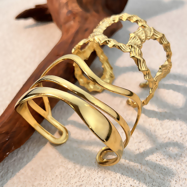 Irregular Personalized 18K Gold Plated Stainless Steel Abstract Line Open Cuff Bangle Bracelet for Women