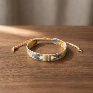 Sstringz Handmade Gold Metallic, Ivory White & Charcoal Grey Miyuki Delica <b>Bead</b> <b>Bracelet</b> with Tribal Geometric Pattern - Product Image 4