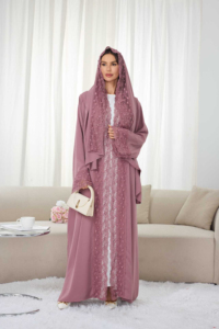 Abito Zifeng OEM in stile mediorientale, elegante, chic e alla moda, a maniche lunghe, in poliestere, <span class=keywords><strong>con</strong></span> ricami floreali in pizzo e foulard coordinato, certificato CE. - Product Image 3