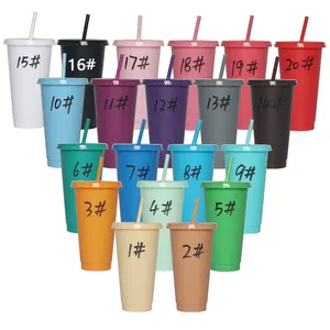 新款现货彩色塑料批发饮料不倒翁24盎司带盖和吸管的塑料冷杯