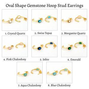 Dainty Gold Plated Hoop <b>Stud</b> <b>Earrings</b> Handmade Brass Jewelry with Faceted Cut Chalcedony Iolite Push Back Statement <b>Earrings</b> - Product Image 2