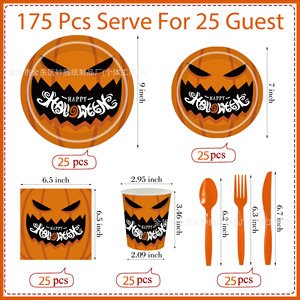 Kit de Vaisselle Jetable pour Fête d'Halloween : Assiettes, Gobelets, Serviettes et Couverts à Motif Citrouille - Product Image 2