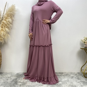 6378# Comfortable Stretchy Jersey Dress Crew Neck Long Sleeve Malaysia Women Closed Abaya Dresses With Zippers and Hijab Scarf - Product Image 5