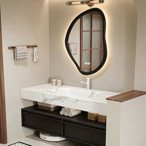 Mid ancient style rock slab hot bending seamless integrated basin waterproof suspended bathroom cabinet - Product Image 3