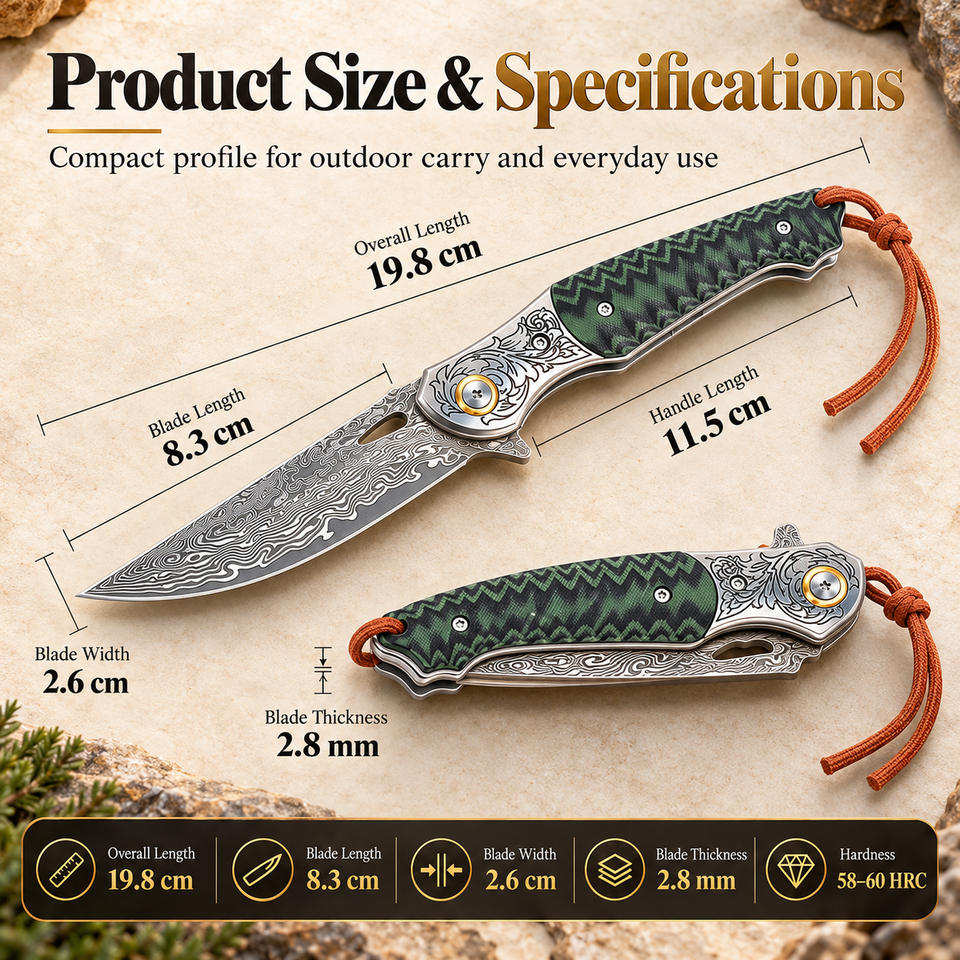 Damascus Steel Folding Knife G10 Handle Pocket Knife Engraved Pattern ...