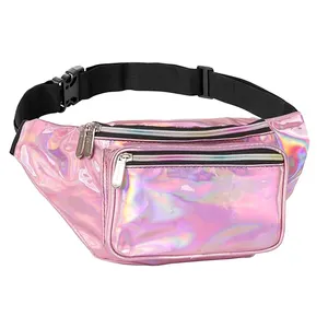 Bolsa de cintura holográfica com glitter brilhante fashion couro PU para mulheres e homens, pochete metálica brilhante à prova d'água para festivais