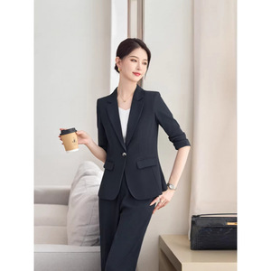 Light Blue Three Quarter Sleeve Blazer And Trousers Set Women's Professional Suit For Commute Anti-Wrinkle Worsted Fabric - Product Image 2
