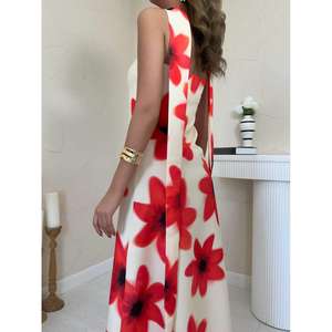 Elegante vestido de madre de la novia con estampado floral, corte en A, tirantes finos, tela tejida, vestido largo amarillo. - Product Image 2