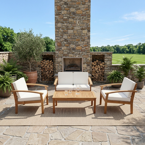 Contemporary Outdoor Wood <b>Sofa</b> <b>Set</b> with White Cushions for Garden Patio Furniture - Product Image 1