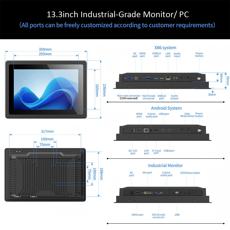 10 13.3 15.6 Inch Industrial Touch Monitor with IPS FHD Aluminum Frame USB HDMI VGA for Factory Automation