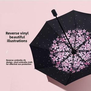 Parapluie portable manuel 8K à 3 plis, motif floral, anti-UV, coupe-vent, protection solaire et pluie, revêtement noir, personnalisable, en stock usine, économique pour les entreprises - Product Image 2