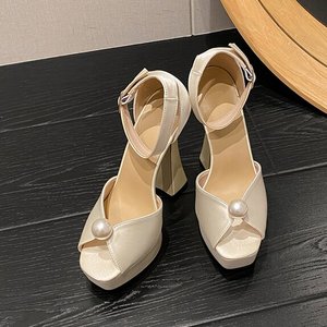 High-end Women's Platform Chunky High-heeled <b>Sandals</b> with Large Pearl Satin Fabric for Banquets and Weddings - Product Image 2