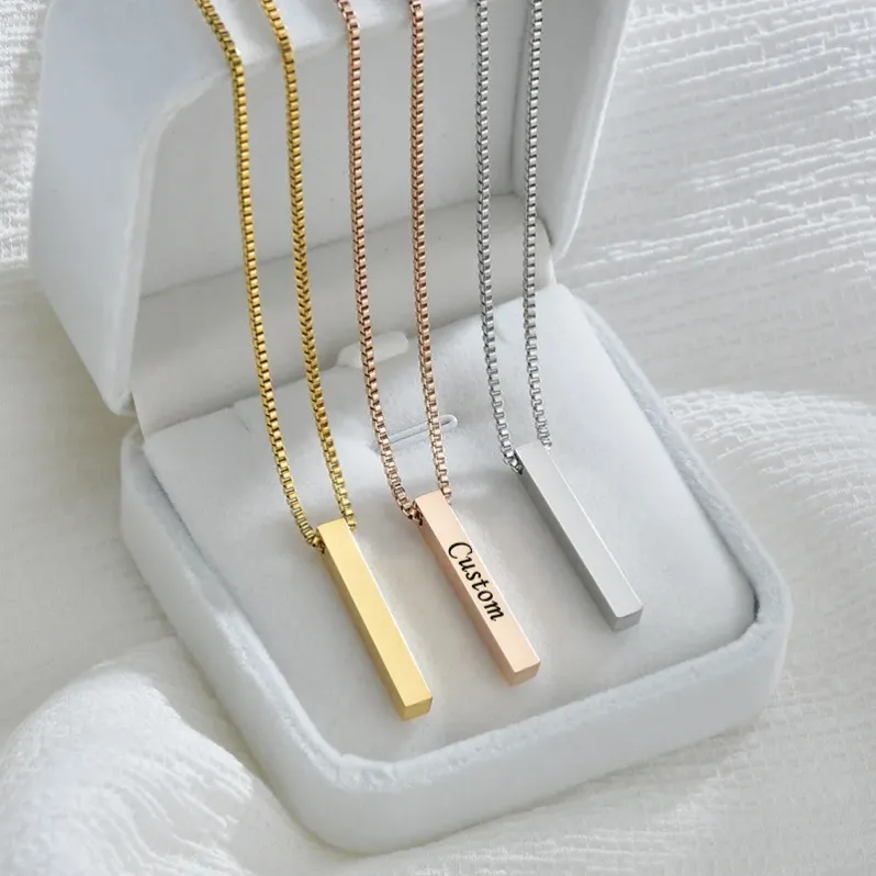 Fashion Jewelry Stainless Steel 18k Gold Filled Custom Engraved Personalized Name 4 Side 3D Blank Bar Pendant Necklace For Women