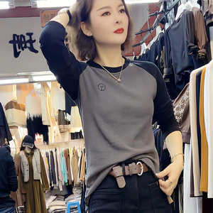 Women's Color Block Long Sleeve T-Shirt Viscose Fiber Breathable Autumn Winter Inner <b>Layer</b> Slim Fit <b>Top</b> - Product Image 1