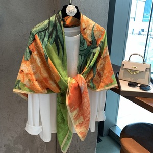 Large <b>Silk</b> Scarf Custom Logo Oil Painting Art Printed Yellow <b>Green</b> Square Shawl Wrap Headscarf Factory Direct Wholesale - Product Image 2