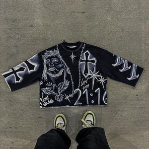 T-shirt à manches courtes surdimensionné en coton 100% personnalisé, col carré, imprimé hip-hop, avec des caractéristiques de séchage rapide et respirantes - Product Image 1