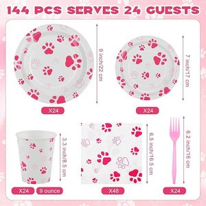 ชุดอุปกรณ์จัดงานเลี้ยงธีมลูกสุนัขสีชมพู DAMAI ประกอบด้วยจานกระดาษแบบใช้แล้วทิ้ง ผ้าเช็ดปาก แก้ว ช้อน ส้อม ชุดวันเกิดสำหรับสัตว์เลี้ยง สำหรับ 24 คน - Product Image 2