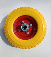Roue Diable Brouette Roudiable/brouette à pneu plein jaune (polyuréthane), jante en acier rouge, roulement à billes. Taille 2.50-4