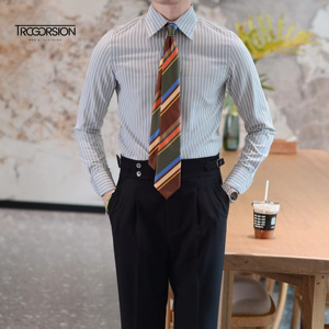 <span class=keywords><strong>Camicia</strong></span> da <span class=keywords><strong>uomo</strong></span> Business Casual Slim a maniche lunghe per la primavera estate a righe alla moda Design antirughe traspirante senza ferro - Product Image 3