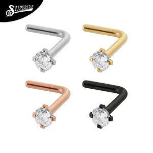 Superstar Wholesale 316L stainless steel L-shaped nose stud prong setting round white zircon body piercing jewelry nose nail