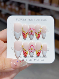 <span class=keywords><strong>Uñas</strong></span> postizas acrílicas hechas a mano con cobertura completa, forma de almendra, azul cielo y blanco, con mariposa 3D, lazo, diamantes de imitación y perlas, para <span class=keywords><strong>verano</strong></span>, venta al por mayor a granel - Product Image 2