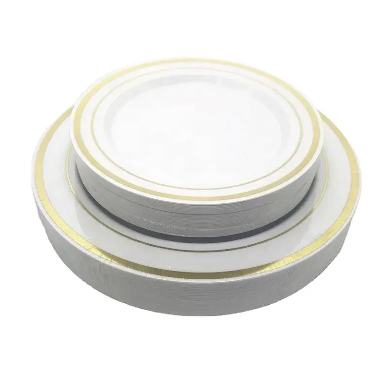 Hot-selling Plastic Dinnerware Set Easy Clean Round Plate Gold Rim Plastic Plates For Party