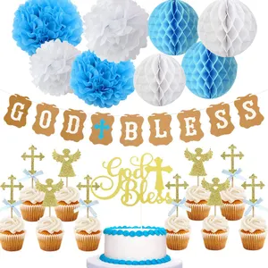Dios bendiga a <span class=keywords><strong>Banner</strong></span> Cruz Topper de la torta para el primer bautismo bautizo fiesta decoraciones - Product Image 1