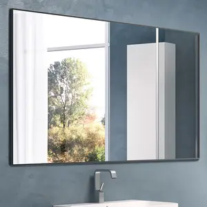 W202 Miroirs de salle de bain muraux carrés et modernes de 36 pouces avec cadre en métal noir pour évier ovale avec rangement