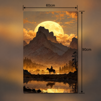 Impression sur toile polyester Giclée 60x90cm, Silhouette de cowboy et lune dorée, Affiche murale moderne non tendue pour décoration de salon