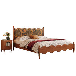 Cama de Madera Maciza Tapizada de Estilo Retro Francés, Cama Matrimonial de 1.8m, Diseño Vintage con Ondas - Product Image 2