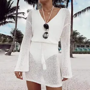 Vestido playero de punto para mujer, vestido playero de Crochet con cuello de pico para mujer