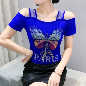 T-shirt a farfalla colorata per ragazze alla moda con strass di lusso da donna a manica corta <span class=keywords><strong>vestiti</strong></span> traspiranti con spalle scoperte - Product Image 4