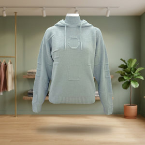 เสื้อสเวตเตอร์ไหมพรมมีฮู้ดสีฟ้าอ่อนสำหรับผู้หญิง แขนยาว สวมใส่สบายในฤดูหนาว สีพื้น ถักด้วยมือ - Product Image 1