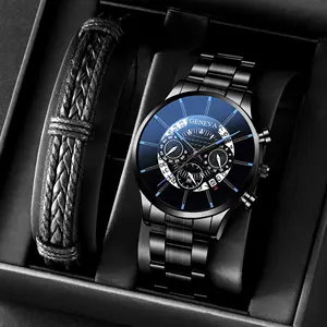 6207 Hot Geneva Men's Classic Business Watches Calendar Quartz Watch With Alloy Steel Strap& Weave Bracelet 2pcs Set