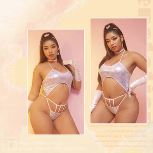 Lencería Sexy de San Valentín, sujetador y bragas de talla grande para mujer, ropa interior colorida de cuero dorado, Body de peluche recortado - Product Image 2