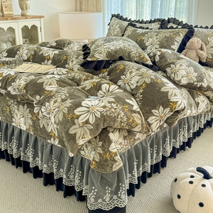 <strong>Double</strong>-layer Lace Trimmed, Soft Jersey Printed Bed Set with Four Pieces Bed <strong>Sheets</strong>, Pillowcases, Duvet Cover Sets - Product Image 4