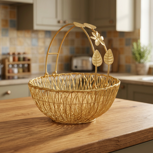 Panier de rangement en métal doré rond fait à la main de style vintage avec poignée en forme de feuille de fleur pour la décoration du salon - Product Image 5